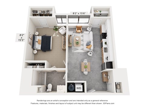 Floor plan for 1 bed, 1 bath, 875 sqft
